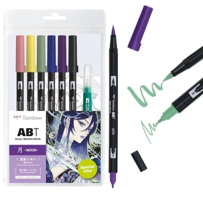 Abbildung von Tombow ABT Dual Brush Pen Watercolor MANGA Set Moon, 6er + Wassertankpinsel, Malvorlagen &amp; Video Tutorial [ABT 6P MOON]