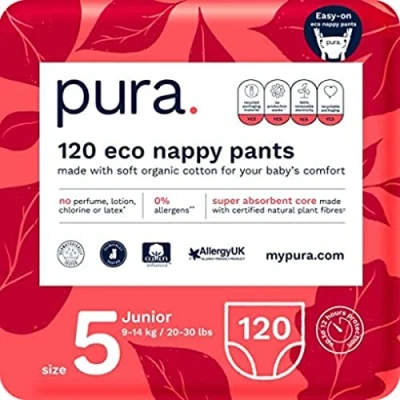 Abbildung von Pura Öko Baby Windelhöschen für Kleinkinder, Größe 5 (9 14 kg), 6 x 20 (120 Windeln), Monatsbox, Leicht Anzuziehen, Trainingswindeln, mit EU Ecolabel Zertifiziert, Ohne Duftstoffe