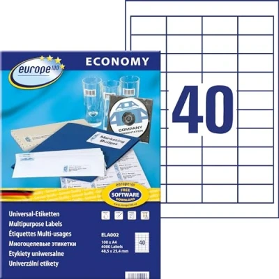 Abbildung von Europe100 Art. ELA002 Universal Etiketten (4.000 Klebeetiketten, 48,5x25,4mm auf A4, Papier matt, individuell bedruckbar, selbstklebende Aufkleber, kompatibel zu AVERY 3657) 100 Blatt, weiß