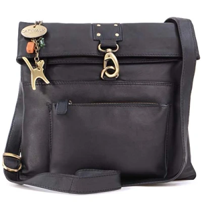 Abbildung von Catwalk Collection Handbags Damen Leder Umhängetasche Crossbody Bag Klein Messenger mit Verstellbarer Schultergurt DISPATCH Schwarz