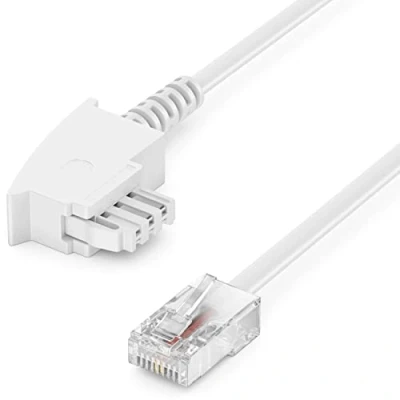 Abbildung von deleyCON 50m Routerkabel TAE F auf RJ45 (8P2C) Anschlusskabel 99% Kupfer AWG 28 Kompatibel mit DSL ADSL VDSL Fritzbox Internet Router an Telefondose Weiß