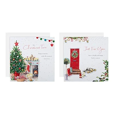 Abbildung von Hallmark Multipack Weihnachtskarten, Wohltätigkeitskarten, 16 Stück in 2 klassischen Lucy Cromwell Designs, rote Tür, Weihnachtsbaum