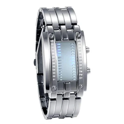 Abbildung von JewelryWe Paar Uhren Digitaluhr Silber Edelstahl Binäre Uhr Rechteck Bezel LED Sportuhr Blau Licht Kalender Mode Cool Partner Armbanduhr für Herren