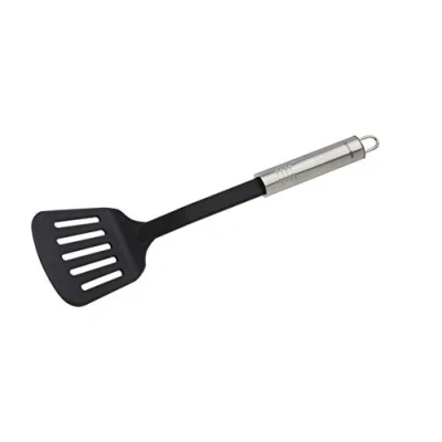 Abbildung von Fackelmann Schlitzwender 33 cm OVALGRIFF, praktischer Pfannenwender aus Kunststoff mit ergonomischem Griff Edelstahl, Küchenhelfer zum Kochen (Farbe: Silber, Schwarz), Menge: 1 Stück