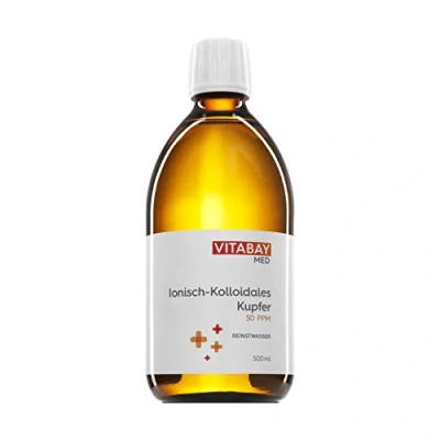 Abbildung von Vitabay Kolloidales Kupfer 50 PPM 500 ml Hochdosiert Reinheitsstufe 99,99% Ohne weitere Zusätze Abgefüllt in einer Braunglasflasche Made Germany