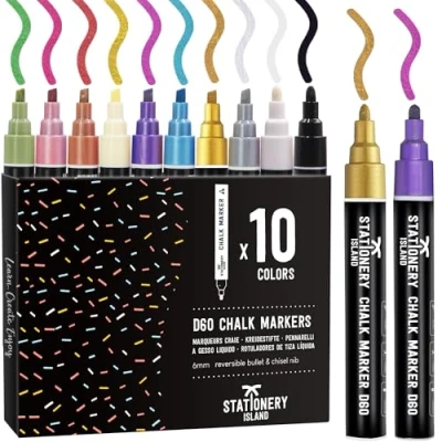 Abbildung von STATIONERY ISLAND Kreidestifte für Tafel Abwaschbar, Fenster, 10 Metallic Farben Kreidemarker Glas &amp; Tafeln, Fensterstifte