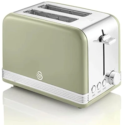 Abbildung von Swan Retro ST19010GNEU 2 Scheiben Breitschlitz Brottoaster, Vintage Design, 3 Funktionen: Auftauen/Aufwärmen/Abbrechen, 6 Toaststufenregler, Edelstahl, Grün, 815W