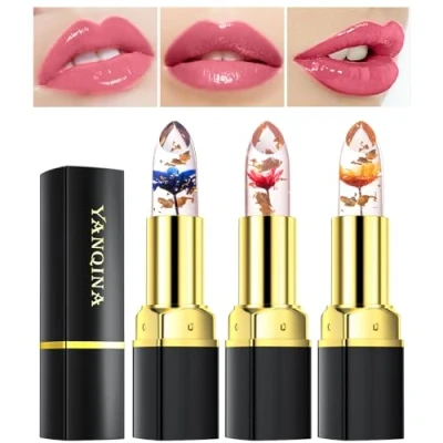 Abbildung von Bekoeen 3 Pcs/Set flower Jelly Lipstick Set Temperature Change Moisturizer Lip Stick,Lang Anhaltende Feuchtigkeitsspendende, Abdeckende Lippen Linien