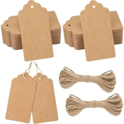Abbildung von jijAcraft 200 Stück Geschenkanhänger Groß Kraftpapier Anhänger Etiketten 5 x 10 CM, Anhängeetiketten mit Juteschnur, für Geschenkverpackung, Lesezeichen, Hochzeit, Weihnachten (Braun)