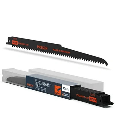 Abbildung von Presch Säbelsägeblätter Holz 280mm 10 Stk. (Lang) Schnitt 6 250mm Sägeblätter Säbelsäge für PVC Rohre uvm. Universalschaft Reciprosäge Set inkl. Box