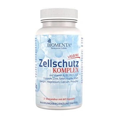 Abbildung von BIOMENTA Zellschutz Komplex 60 hochdosierte vegane Kapseln mit Multivitaminen A,B,C,D,E und Multimineralstoffen Premiumqualität