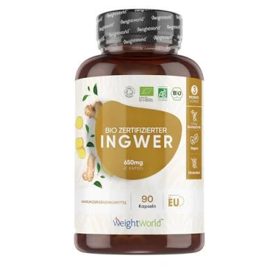 Abbildung von Bio Ingwer Kapseln 650mg Ingwerpulver pro Kapsel Zertifiziert 90 Stück für 3 Monate Vorrat Vegan Ayurveda Gewürz goldene Milch Alternative zu Shot &amp; Tee WeightWorld