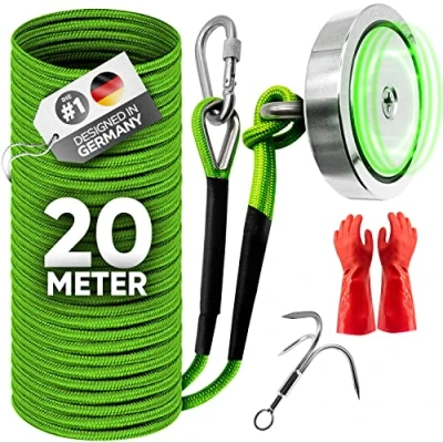 Abbildung von Jungle Monkey Magnetfischen Set 400kg [Zugkraft DEKRA geprüft] Starker Neodym Magnet Angel mit Wurfanker, wasserdichten Handschuhen &amp; Seil für Fischen Magnetangeln Angeln Fishing