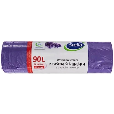Abbildung von Stella 009916 Müllbeutel mit Zugband 90 L 10 Stück Lavendelduft Müllsack Mülltüte Abfallsäcke für Den Hausmüll Büro aus LDPE Folie Hergestellt/aus Regranulat Farbe: Lavendel/Violette