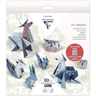 Abbildung von Clairefontaine 95368C Packung Origami Papier mit 60 Blatt, beidseitig bedruckt, 3 Formate, 10x10 cm, 15x15 20x20 70g, Waldtiere, 1 Pack