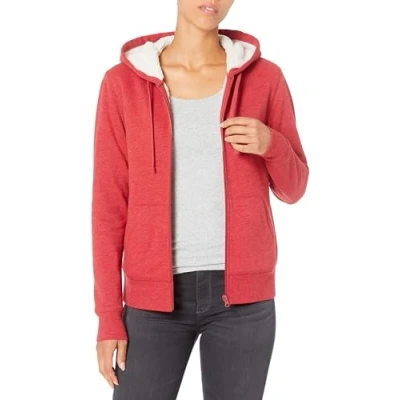 Abbildung von Amazon Essentials Damen Sherpa gefütterte Fleece Kapuzenjacke mit durchgehendem Reißverschluss (erhältlich in Übergröße), Rot Meliert, XXL