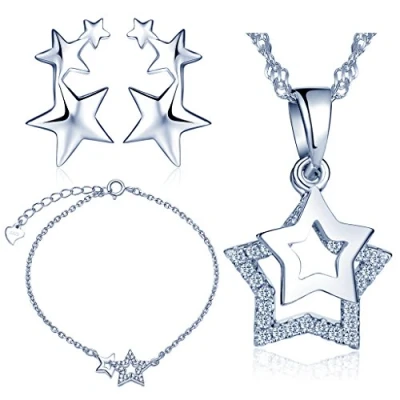 Abbildung von Yumilok 925 Sterling Silber Zirkonia Sterne Halskette Charm Armband Ohrstecker Schmuck Set Armkette Ohrringe Kette mit Anhänger für Damen Mädchen