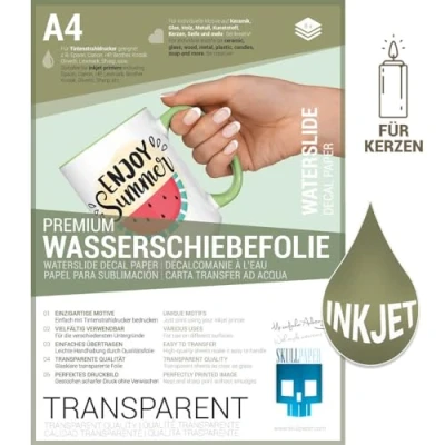 Abbildung von SKULLPAPER® Wasserschiebefolie TRANSPARENT für Tintenstrahldrucker hauchdünn DIY Decal Abziehbild Nassschiebefolie Keramik, Glas, Kerzen, Metall, Kunststoff, Modellbau (A4 8 Blatt)