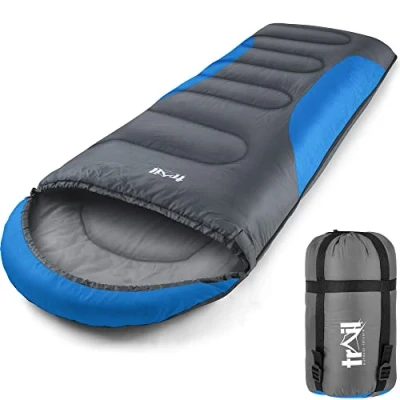 Abbildung von Trail Alpin Schlafsack mit Kapuze 250 g Schlafsack, 3 Jahreszeiten Schlafsack. Leicht, kleines Packmaß und Kompressionssack (Blau)