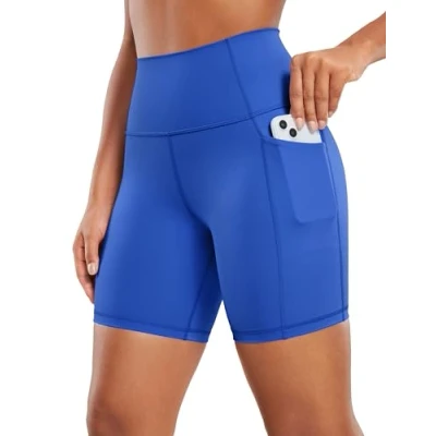 Abbildung von CRZ Yoga Naked Feeling Damen Radlerhose mit Taschen Hohe Taille Shorts Kurze Sporthose Sport Leggings Sportshorts 15cm Wellen Blau 38