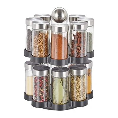 Abbildung von Relaxdays, Silber/schwarz Gewürzkarussell, 16 Gewürzgläser, Gewürzregal 360 drehbar, Edelstahl, Glas, HxD: 25 x 17,5 cm, Kunststoff