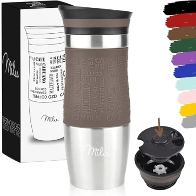 Abbildung von Milu Thermobecher 370ml 450ml Isolierbecher Kaffeebecher to go 100% Auslaufsicher Trinkbecher aus Edelstahl Autobecher doppelwand Isolierung Thermo Becher Travel Mug (Braun, 370ml)