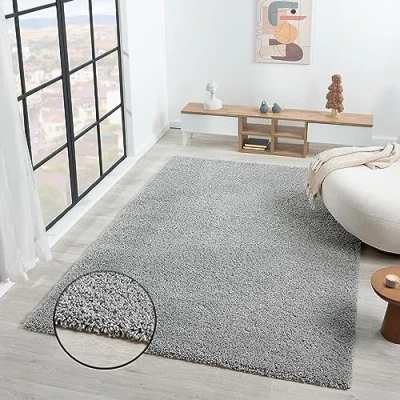 Abbildung von VIMODA Teppich Prime Shaggy Hochflor Einfarbig Grau Weich für Wohnzimmer, Schlafzimmer, küche, Maße:140x200 cm