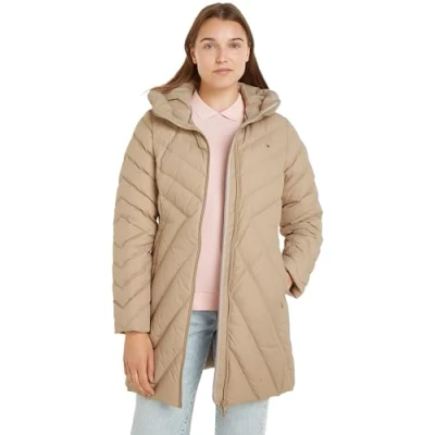 Abbildung von Tommy Hilfiger Damen Daunenmantel Chevron Down Coat mit Kapuze, Beige (Beige), M