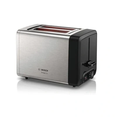 Abbildung von Bosch Kompakt Toaster DesignLine TAT4P420DE, integrierter Edelstahl Brötchenaufsatz, mit Abschaltautomatik, Auftaufunktion, perfekt für 2 Scheiben Toast, Liftfunktion, 970 W, Edelstahl/schwarz