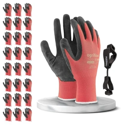 Abbildung von 24 Paar Ogrifox Latex besichtet Arbeitshandschuhe mit FUZZIO Handschuh Klammer (L 9, Rot)