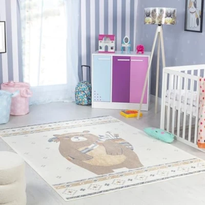 Abbildung von Surya Bär Kinderteppich Cartoon Teppich, Teppich Kinderzimmer oder Babyzimmer, Kinderzimmerteppich, Krabbelteppich Spielteppich Baby für Jungen &amp; Mädchen, Creme und Beige 160x213cm