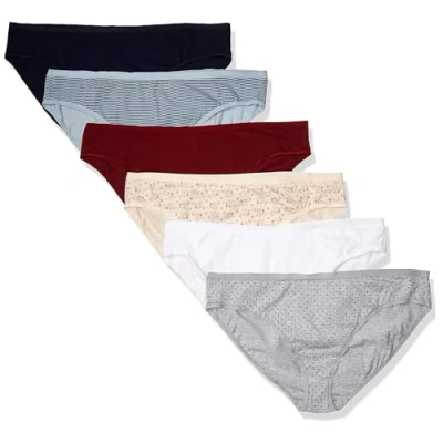 Abbildung von Amazon Essentials Damen Bikinihose aus Baumwolle (in Übergröße erhältlich), 6er Pack, Mehrfarbig/Floral/Punkte/Streifen, 3XL Große Größen