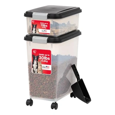Abbildung von Iris Ohyama Katzenfutter Aufbewahrung mit Rollen, 30+10L, Schwarz, Luftdichte Futterbox, Trockenfutter, Futterbehälter, Für Hunde, Katzen, Tierfutterbehälter, Schaufel, BPA frei, Futtertonne,