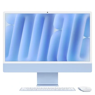 Abbildung von Apple iMac All in One Desktop Computer mit M4 Chip 10 Core CPU und GPU: 24&quot; Retina Display, 16 GB gemeinsamer Arbeitsspeicher, 256 SSD Speicher, passendes Zubehör; Blau