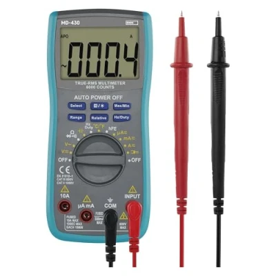 Abbildung von EMOS Digital Multimeter CATIII 600V, True RMS Auto Range Strommessgerät 6000 Counts mit Meßspitzen, Reduktion und Sonde, Memory Funktion, inkl. Batterie, Blau, M0430