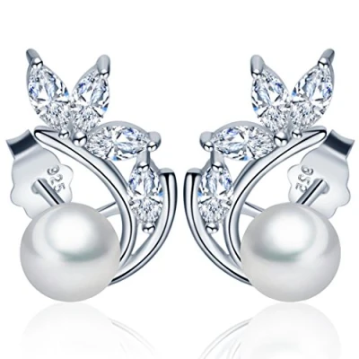 Abbildung von Yumilok 925 Sterling Silber Zirkonia Perlen Blätter Kleeblatt Ohrstecker Ohrringe Hypoallergen Ohrschmuck für Damen Frauen Mädchen