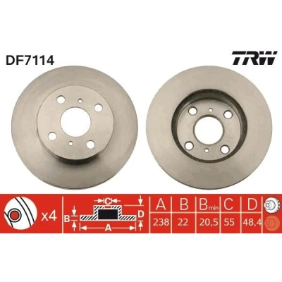 Abbildung von TRW DF7114 Bremsscheibe 238 22 4 100 Belüftet lackiert TOYOTA: Corolla VI Saloon, VIII Estate