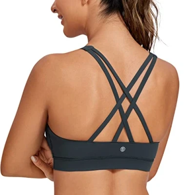 Abbildung von CRZ Yoga Damen Ohne Bügel Sport BH Gekreuzt Rücken Spaghetti Top Abnehmbare Pads Croptop Melanit L