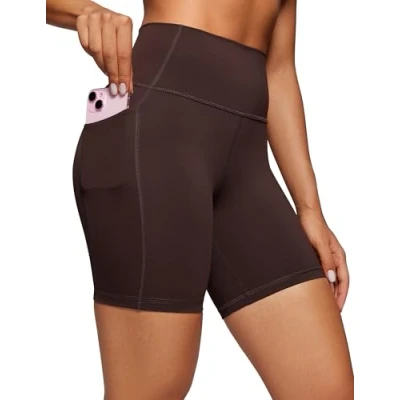 Abbildung von CRZ Yoga Naked Feeling Damen Kurze Leggings High Waist Radlerhose Fitness Sporthose mit Taschen 15cm Heißes Fudge Brown 42