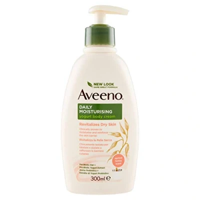 Abbildung von Aveeno Daily Mosturising Feuchtigkeitscreme mit Joghurt, Körpercreme Honig und Aprikosenduft, für trockene Haut Hafer griechischem 300 ml