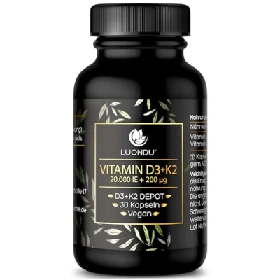 Abbildung von Luondu Vitamin D3 20.000 I.E + K2 MK7 200 mcg Depot (30 Kapseln hochdosiert &amp; Vegan) I Ohne Zusätze, Hergestellt in DE