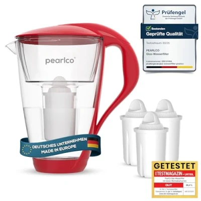 Abbildung von GLAS Wasserfilter PearlCo (rot) mit 3 Classic Filterkartuschen Reduzierung von Kalk, Chlor, Blei &amp; Kupfer Glaskanne kompatibel zu Brita Made in EU