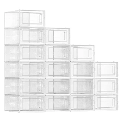 Abbildung von SONGMICS Schuhboxen, 18er Set, Schuh Organizer aus Kunststoff, faltbar und stapelbar, für Schuhe bis Größe 44, transparent schwarz LSP18SBKV1