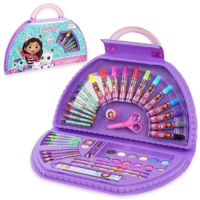 Abbildung von Gabby&#039;s Dollhouse Malkoffer, Malset für Kinder, Bastelset Mädchen Bastelkoffer mit Buntstifte Set Farben Painting Farbstifte Kinder Spielzeug Kunstbox Geschenke (Lila Halbmond Set)