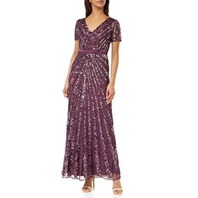 Abbildung von Maya Deluxe Damen Maxi Womens Ladies Embellished Sequin Dress Long Short Sleeve V Neck High Empire Waist A Cut Shiny Prom Wedding Brautjungfernkleid, Berry, 44 EU