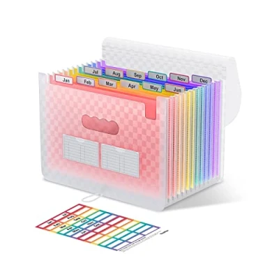 Abbildung von ThinkTex Accordian Aktenordner, 12 Fächer, erweiterbare tragbarer monatlicher Rechnungsbeleg Organizer, bunte Registerkarten, A4 Größe Pink