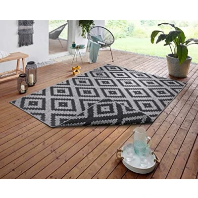 Abbildung von NORTHRUGS in und Outdoor Teppich Malta 120x170cm Wendeteppich Wetterfest Modernes Geometrisches Muster für Balkon Terrasse Garten Wintergarten Wohnzimmerteppich Wasserfest Night Silver