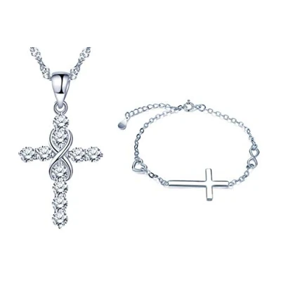 Abbildung von Yumilok 925 Sterling Silber Damen Halskette Armkette Kette mit Anhänger Kreuz Unendlichkeit Herz Zirkonia Armbänder Armreifen Schmuck Set für Frauen Mädchen
