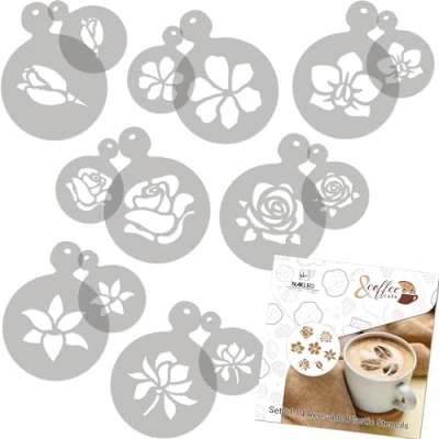 Abbildung von NAKLEO Kaffee Schablonen und Kekse Dekoration 14 Stück 7x7 11x11cm, Wiederverwendbare Plastik Backen Vorlage, Blumen Rose Tulpe, DIY Kunst, Cappuccino Latte Schokolade Torten Kuchen