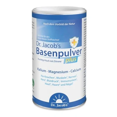 Abbildung von Dr Jacob&#039;s Basenpulver plus mit echter Zitrone I für Muskeln, Knochen, Herz und Blutdruck* Kalium Calcium Magnesium Zink Vitamin C D B1 auch bei Diäten 300 g Basen Pulver vegan
